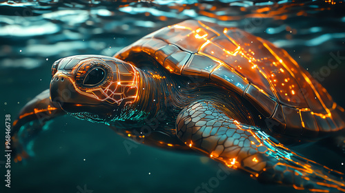 Artificial turtle swimming through a neonlit cyberocean, glowing circuits on its metallic shell, futuristic aquatic environment with vibrant digital waves photo