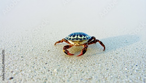 A hermit crab carrying a beautifully patterned shell as it scurries across the sandy beach toward the ocean photo