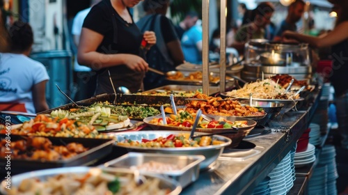 Crowded street food festival with various cuisine options