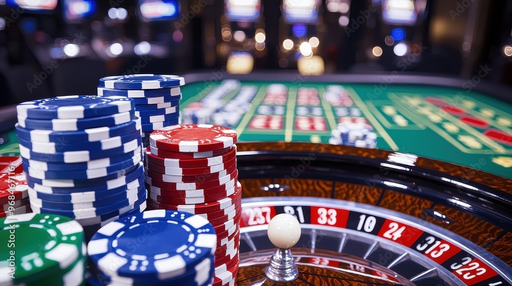 Casino Roulette Wheel and Chips Close Up Casino Roulette Wheel and Chips Close Up