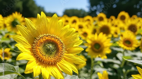 Close up of Bright Yellow Sunflower in Field