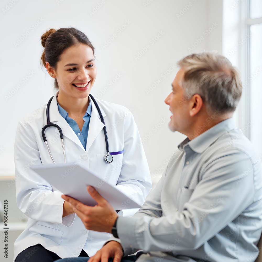 A female doctor smiling warmly, holding a clipboard with a document, showing it to a patient in a bright, modern office. A female doctor smiling warmly, holding a clipboard with a document, showing it to a patient in a bright, modern office.