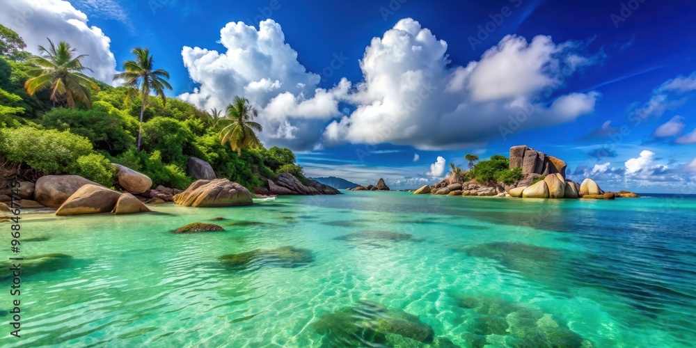 Fototapeta premium Beautiful seascapes of turquoise waters and sunny skies in Seychelles islands, seascape, Seychelles, islands, turquoise