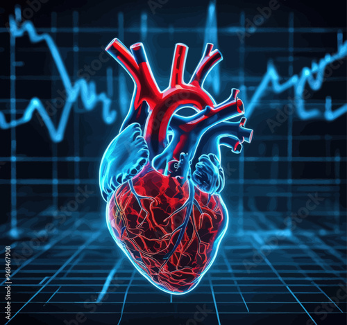 3D Illustration of a Human Heart with Graphical Arteries and Blood Flow