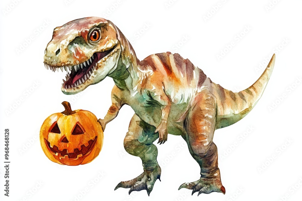 A watercolor illustration of a friendly dinosaur holding a pumpkin, representing the playful and spooky spirit of Halloween. The dinosaur's cheerful expression and the carved pumpkin symbolize joy and A watercolor illustration of a friendly dinosaur holding a pumpkin, representing the playful and spooky spirit of Halloween. The dinosaur's cheerful expression and the carved pumpkin symbolize joy and