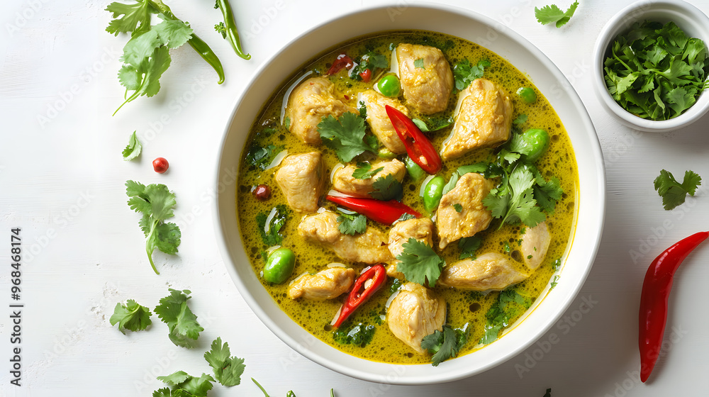 Chicken Green Curry in a White Bowl. Chicken Green Curry in a White Bowl.