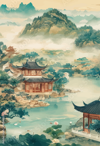 Asian-style pavilion by a tranquil lake, surrounded by lush greenery and misty mountains