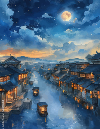 Asian Village at Dusk: Moonlit River, Lanterns, and Traditional Houses