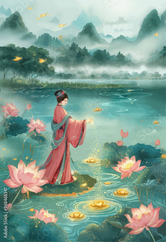 Asian Woman in Pink Robe Releasing Lotus Flower Petals into Pond