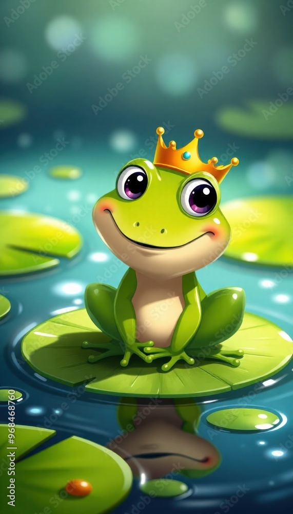 Fototapeta premium A smiling cartoon frog with a crown, sitting on a lily pad in a sparkling pond