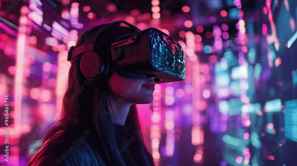Woman in VR Headset Immersed in Digital World Woman in VR Headset Immersed in Digital World