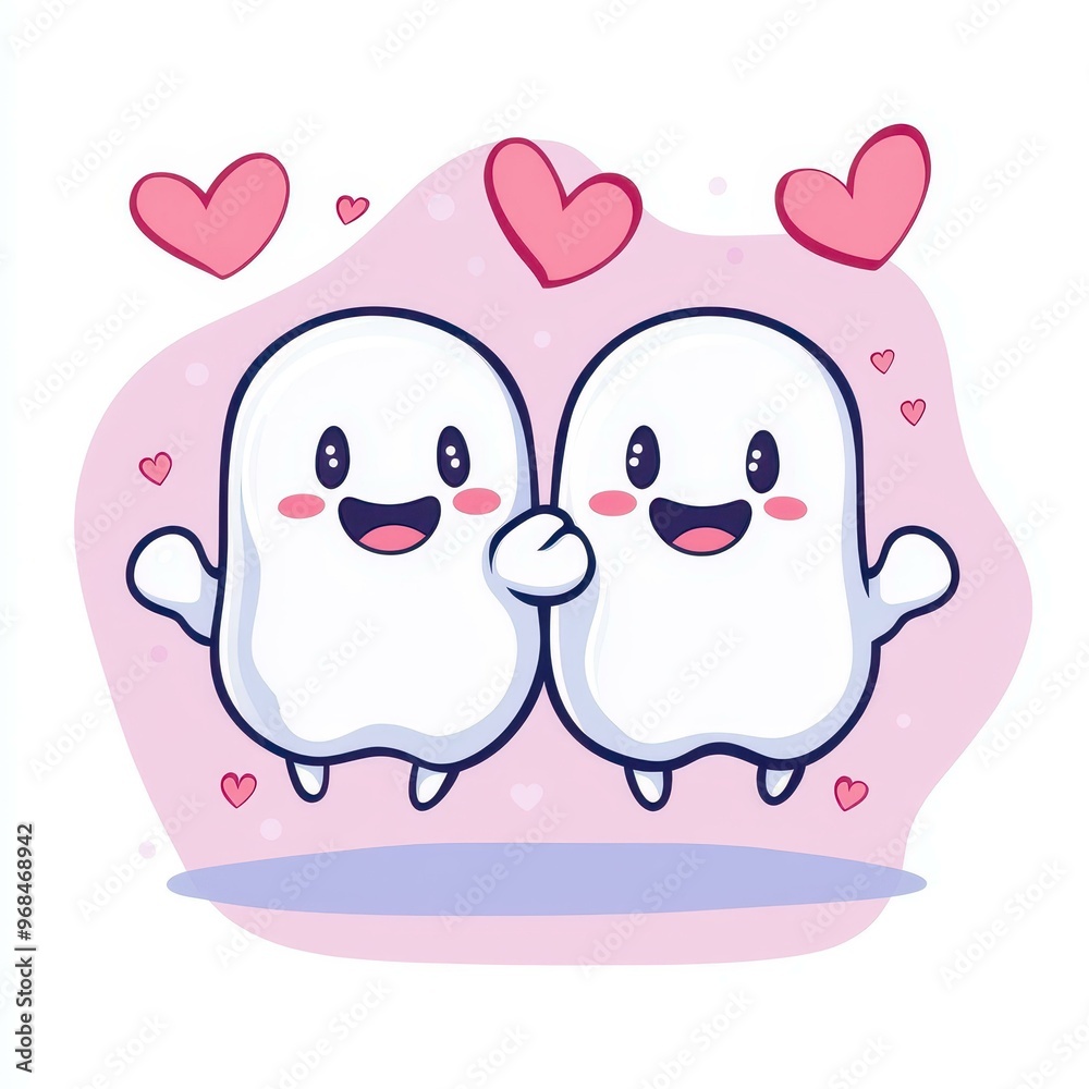 Two playful ghosts groove against a clear backdrop, surrounded by colorful hearts, spreading joy and fun. Perfect for Halloween spirit Two playful ghosts groove against a clear backdrop, surrounded by colorful hearts, spreading joy and fun. Perfect for Halloween spirit