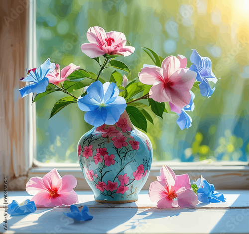 Blooming Bouquet of Pink and Blue Flowers in Vase