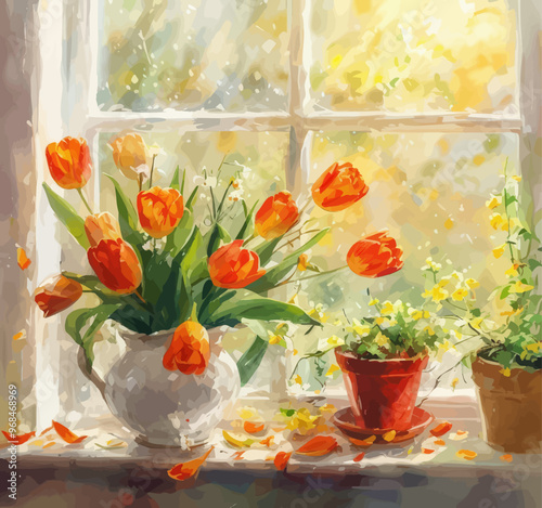 Blooming Window Box with Orange Tulips and Yellow Forget-Me-Nots