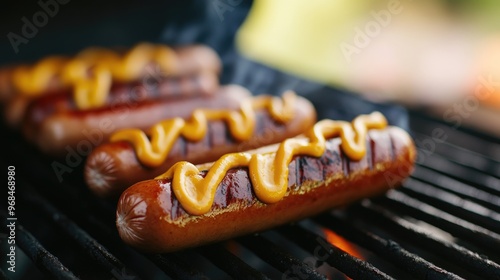 Close-up of Grilled Sausages with Mustard on a Charcoal Grill photo