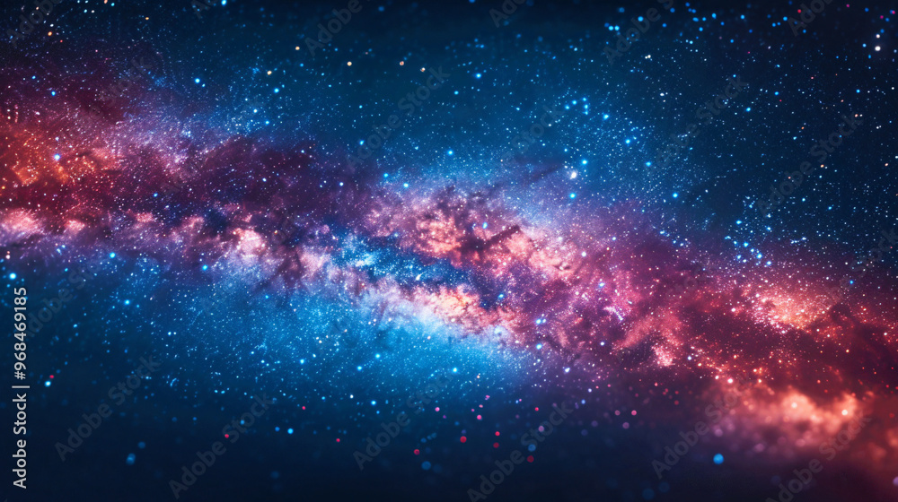 Obraz premium A stunning cosmic background featuring vivid colors of blue, purple, and hints of orange, showcasing the beauty of the universe with sparkling stars and galaxies.
