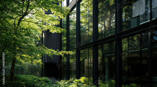 A modern office building with green trees reflected