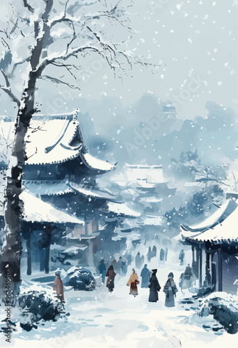 Chinese New Year Celebration in a Snowy Village photo