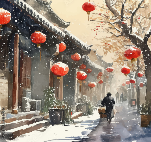 Chinese New Year Decorations in a Snowy Alley