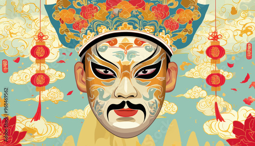 Chinese New Year Masked Face with Traditional Decorations and Symbols