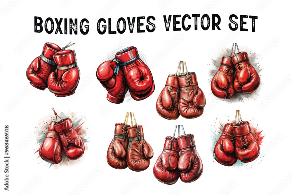Naklejka premium Vector of fiery red boxing gloves. Boxing gloves set on white background. Beautiful isolated hanging Boxing Gloves Vector Art Illustration. Detailed watercolor illustration of red boxing gloves.