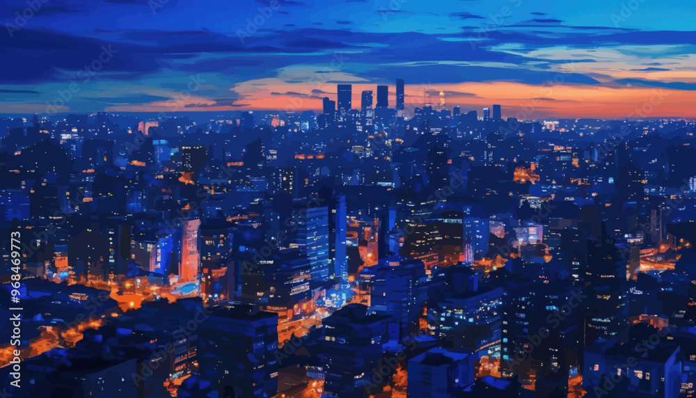 Obraz premium Cityscape at Dusk: Illuminated Buildings and Cloudscape