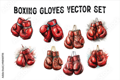 Vector of fiery red boxing gloves. Boxing gloves set on white background. Beautiful isolated hanging Boxing Gloves Vector Art Illustration.
Detailed watercolor illustration of red boxing gloves.