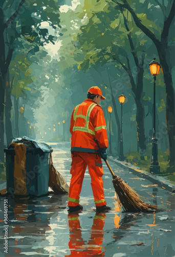 City Cleaner in Orange Safety Gear Sweeping Street