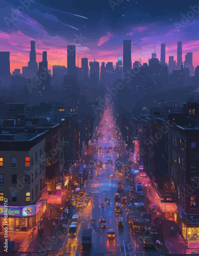 Cityscape at Dusk: Bustling Downtown Streets Illuminated by Streetlights and Car Headlights