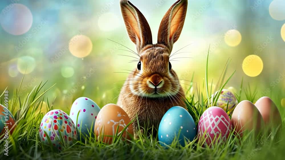 A cute rabbit surrounded by colorful Easter eggs in a sunny spring meadow celebrating the festive season A cute rabbit surrounded by colorful Easter eggs in a sunny spring meadow celebrating the festive season