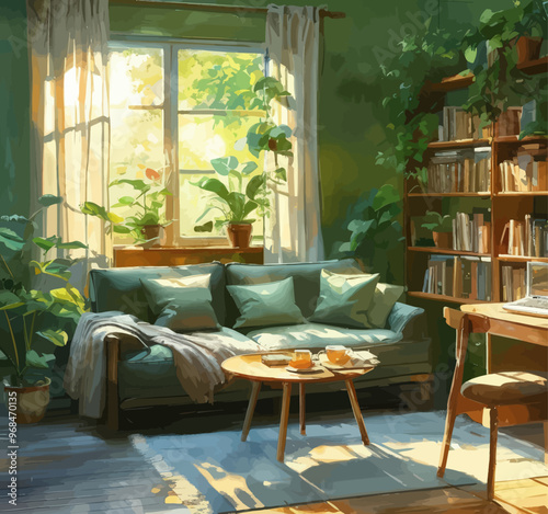 Cozy Living Room with Greenery and Books