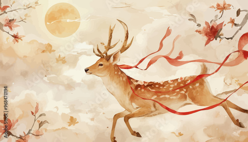 Deer with Antlers and Ribbon, Running Through Clouds and Flowers