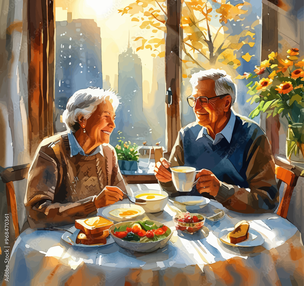Elderly couple sharing a meal at a table with a city view Elderly couple sharing a meal at a table with a city view