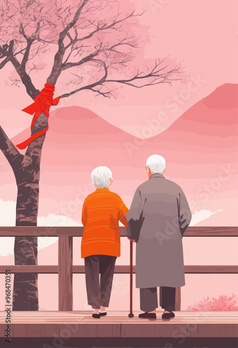 Elderly couple sharing a moment on a bridge