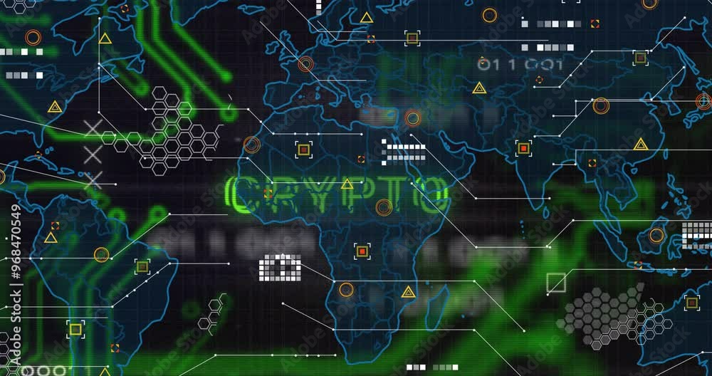 Animation of crypto text and digital data processing over world map on black background