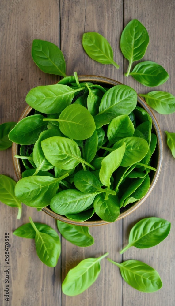 an overhead shot of a bowl full of vibrant green spinach leaves, with some leaves scattered around the bowl on a rustic wooden surface.. an overhead shot of a bowl full of vibrant green spinach leaves, with some leaves scattered around the bowl on a rustic wooden surface..