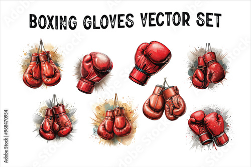 Vector of fiery red boxing gloves. Boxing gloves set on white background. Beautiful isolated hanging Boxing Gloves Vector Art Illustration.
Detailed watercolor illustration of red boxing gloves.