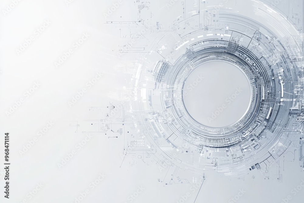 An abstract, futuristic technology background featuring a prominent circular design composed of interconnected lines and shapes in shades of grey and white. It symbolizes innovation, connectivity, dat An abstract, futuristic technology background featuring a prominent circular design composed of interconnected lines and shapes in shades of grey and white. It symbolizes innovation, connectivity, dat
