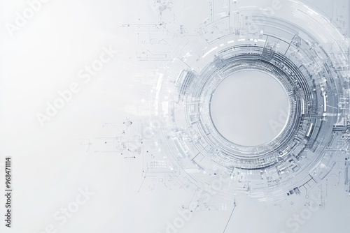 An abstract, futuristic technology background featuring a prominent circular design composed of interconnected lines and shapes in shades of grey and white. It symbolizes innovation, connectivity, dat photo