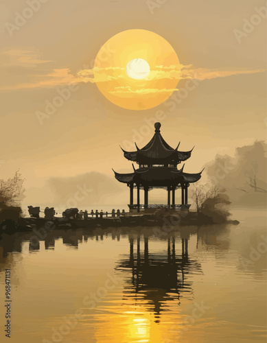 Golden Sunset Reflection on Lake with Traditional Pavilion