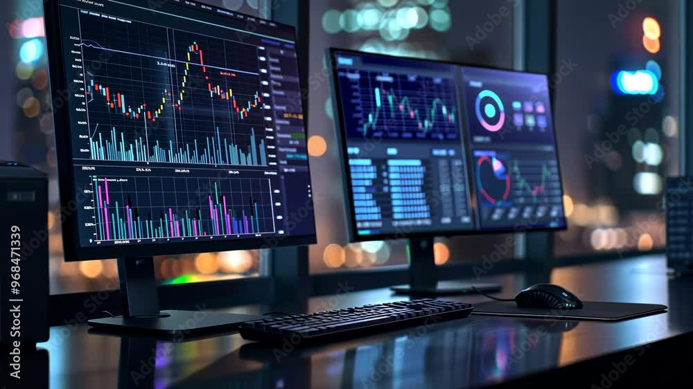 Data analysis in a modern office with two monitors displaying stock market charts at night in an urban setting Data analysis in a modern office with two monitors displaying stock market charts at night in an urban setting