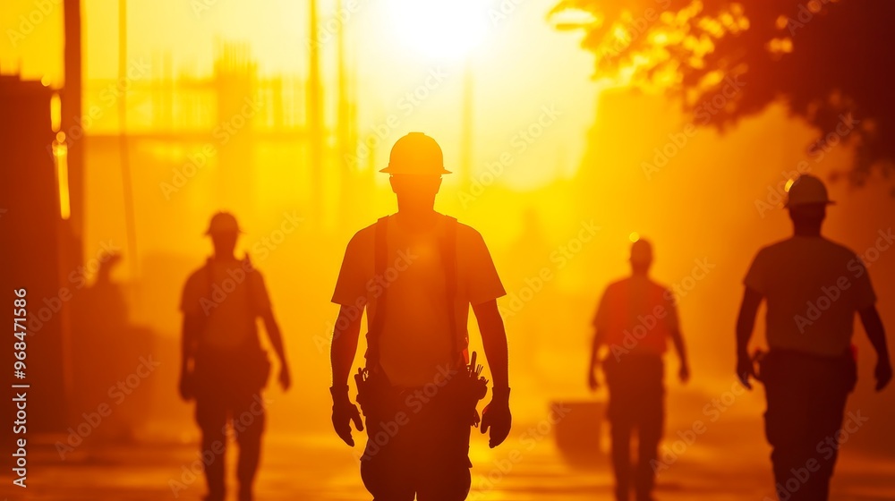 Fototapeta premium Construction workers silhouetted against a blazing sunset, symbolizing resilience, hard work, dedication, heat, and construction industry.
