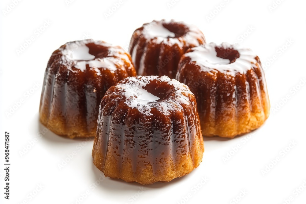 Four freshly baked canelé pastries, with a caramelized crust and a soft custard center, arranged on a white background. The canelé are a traditional French pastry, known for their unique texture and r Four freshly baked canelé pastries, with a caramelized crust and a soft custard center, arranged on a white background. The canelé are a traditional French pastry, known for their unique texture and r