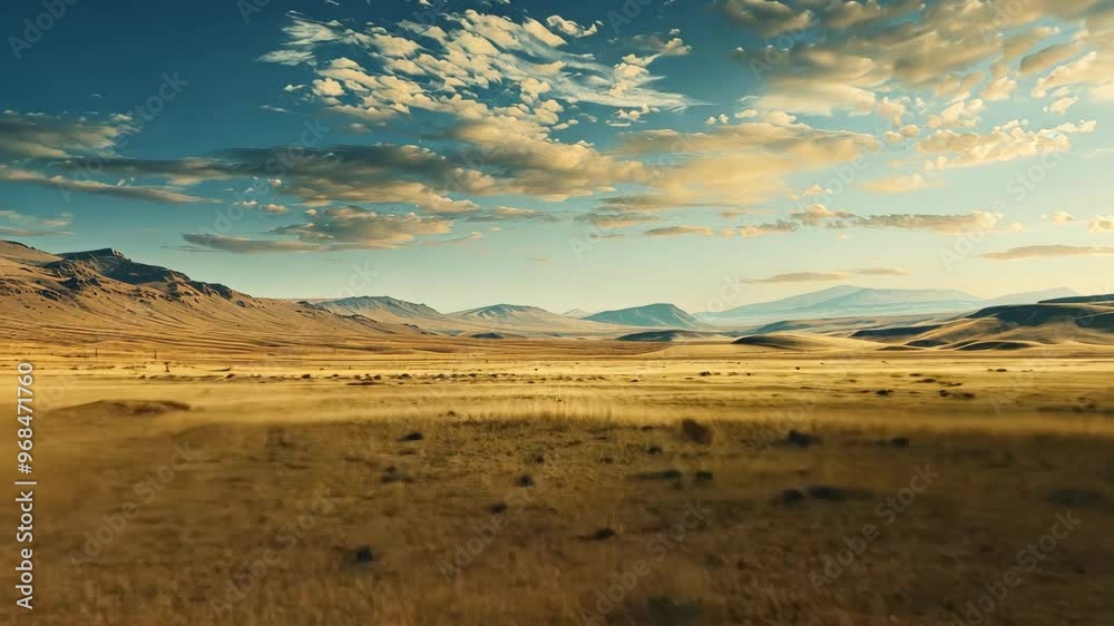 Exploring vast grasslands and mountain ranges at sunset in a serene landscape