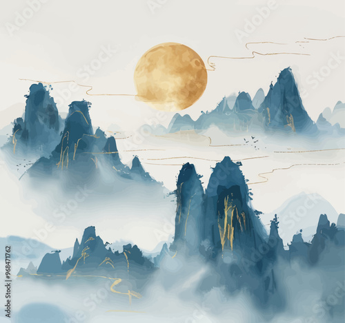 Moonlit Mountainscape with Clouds and Golden Brushstrokes
