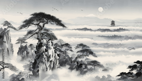 Moonlit mountain village with traditional pagoda