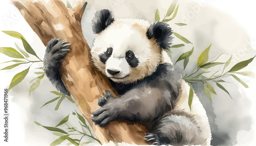 Panda Clinging to Tree Branch