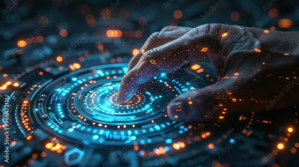 A hand reaches out to touch a glowing futuristic interface.