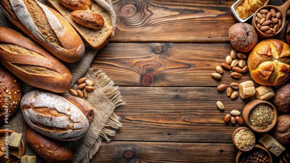 Selection of fresh bread and nuts on rustic wooden table, bread, nuts, selection, fresh, healthy, organic, variety