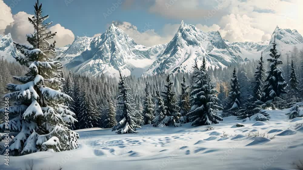 Winter wonderland in the mountains with snow-covered trees and majestic peaks captured during a clear sunny day Winter wonderland in the mountains with snow-covered trees and majestic peaks captured during a clear sunny day